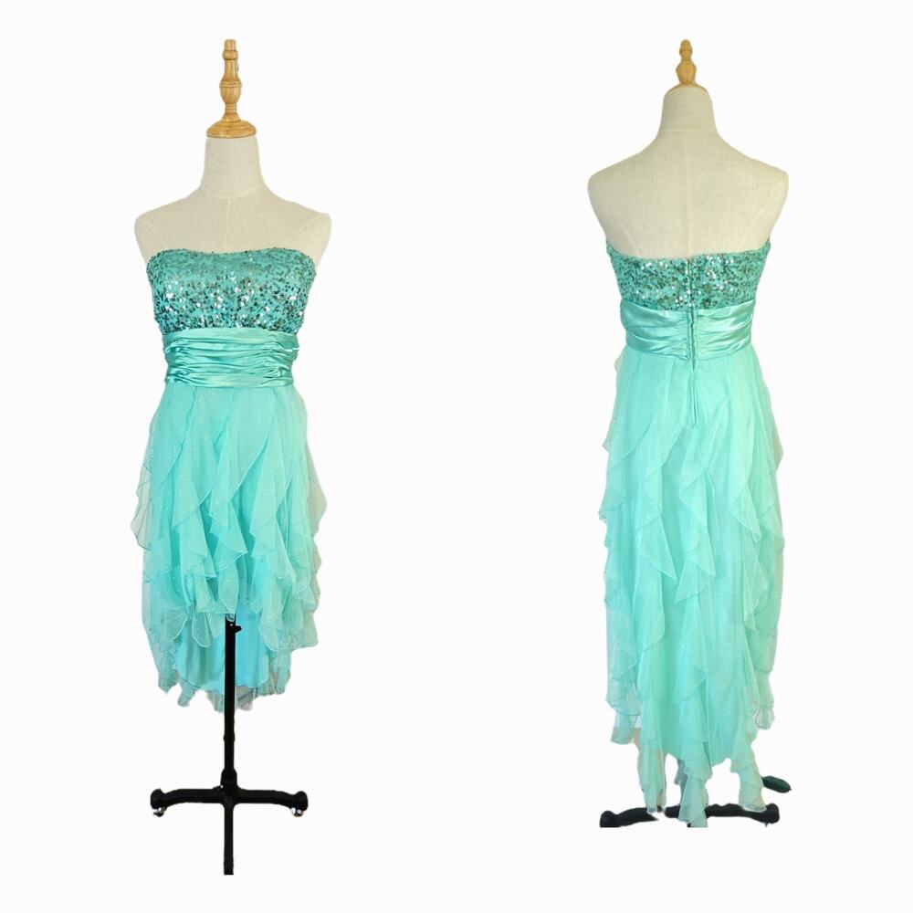 Deb Pastel Green High Low Strapless Dress Chiffon Ruffles Fairycore Mermaid 13